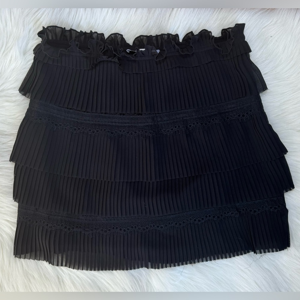 Iro Sevy Tiered Plisse Lace Detail Mini Skirt Black Pleated Side zipper flounce